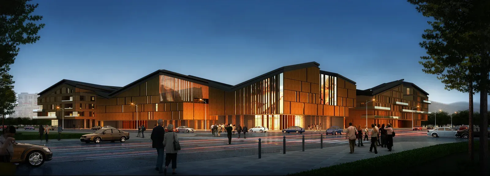 Street-level rendering at dusk