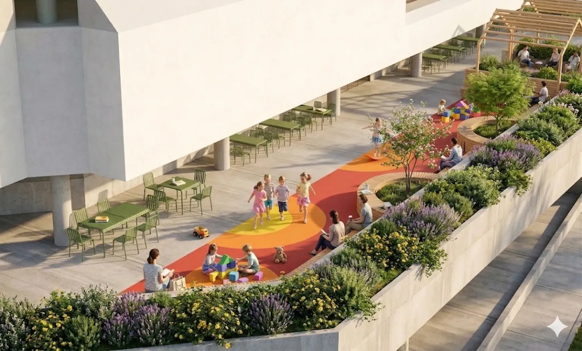 Children’s path between planters along the deck