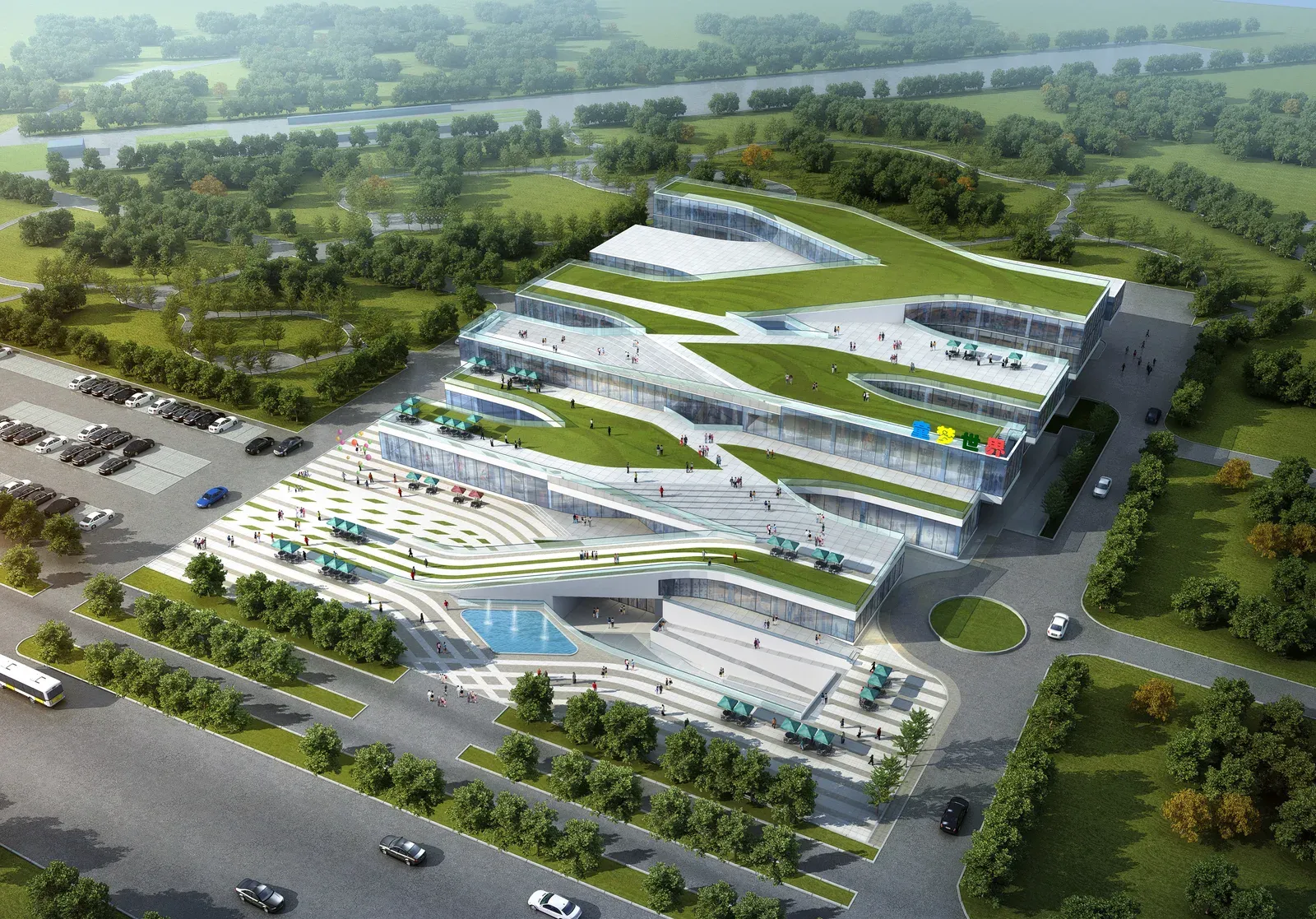 Aerial rendering of the terraced building with planted roofs and an entrance plaza