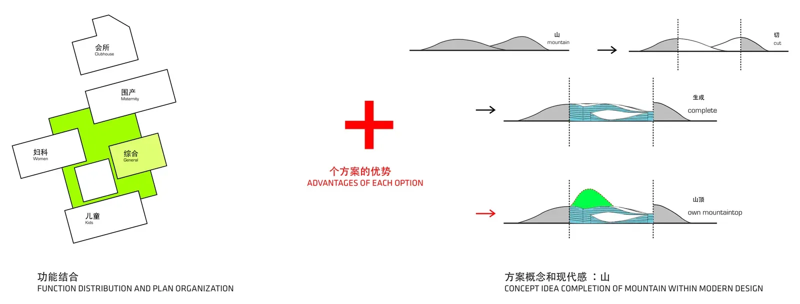 Concept diagrams: department layout and the building completing the cut hill
