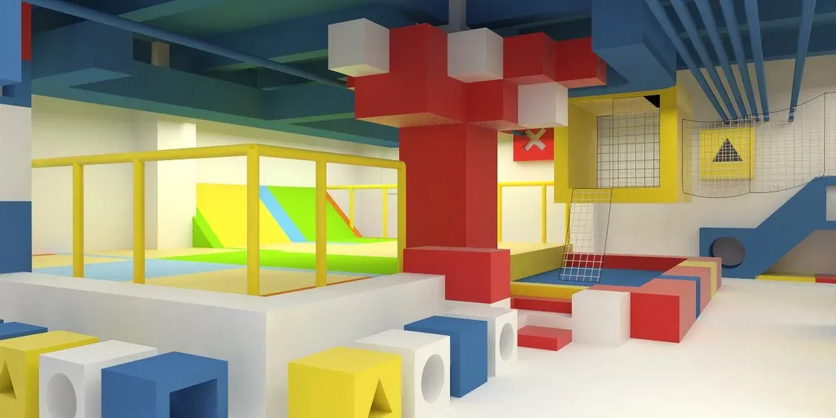 Rendering of a raised play area with a red block column and a netted enclosure