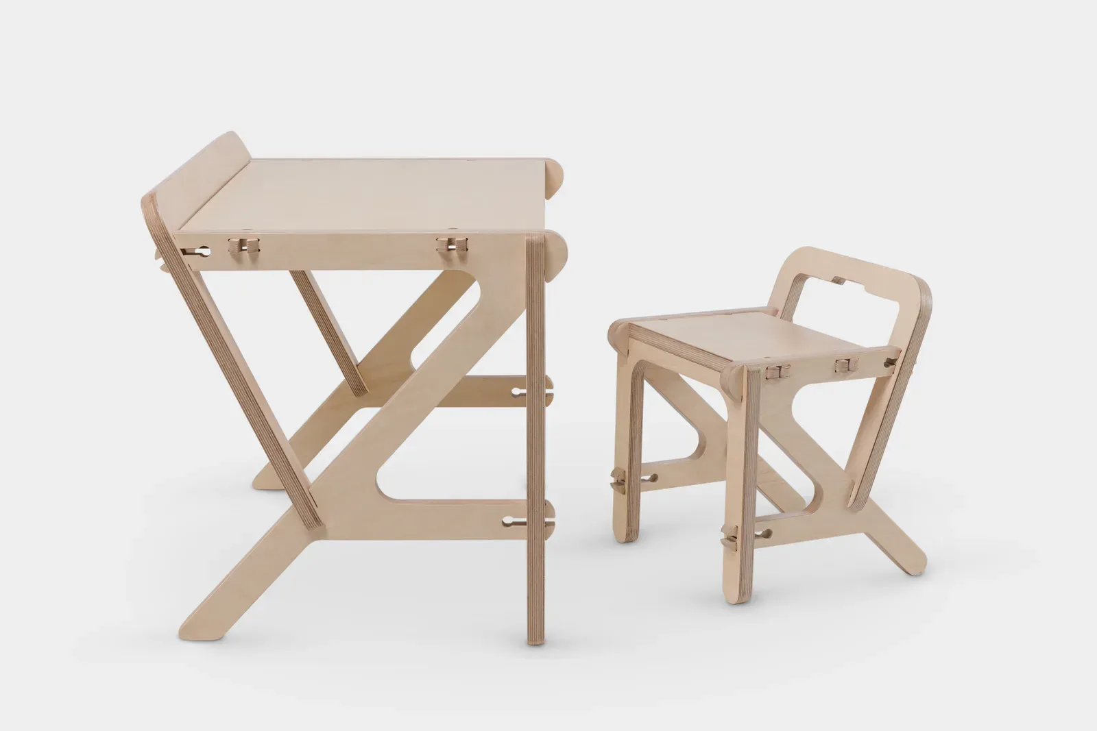 Plywood children’s desk and chair with exposed fixings