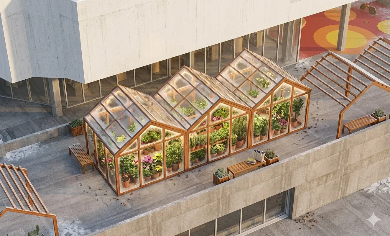 The Fernery greenhouses from above