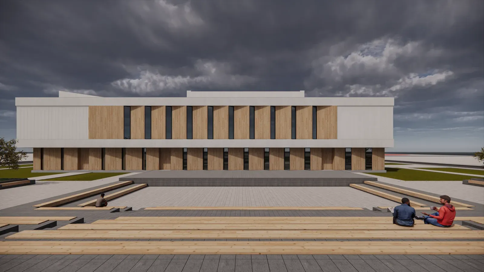 Front elevation of the activity centre across a stepped plaza