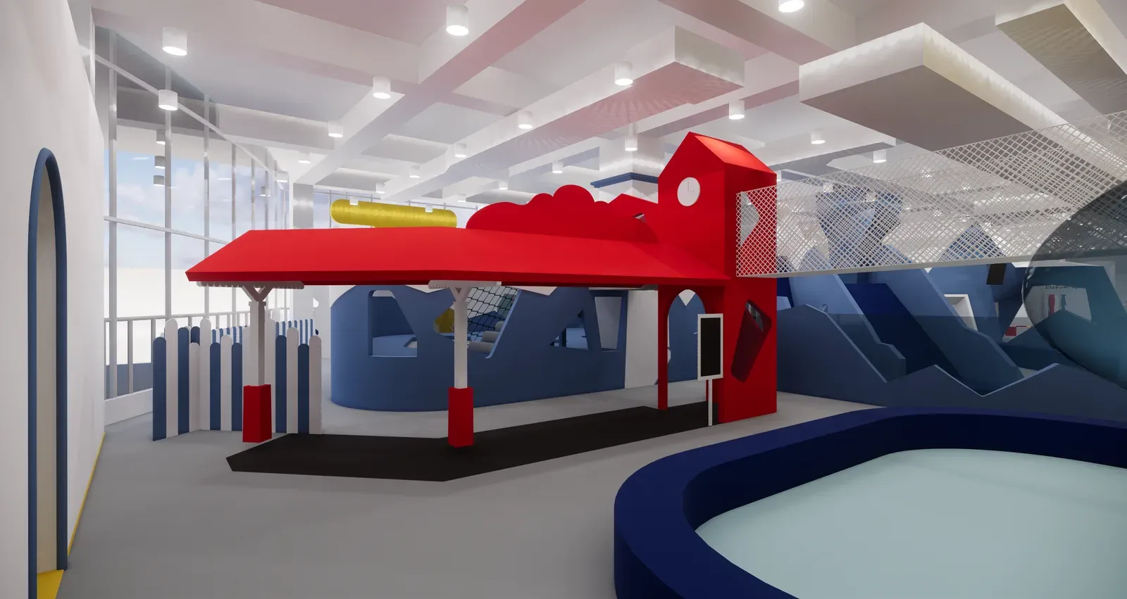 Red play house beside a sunken play pool
