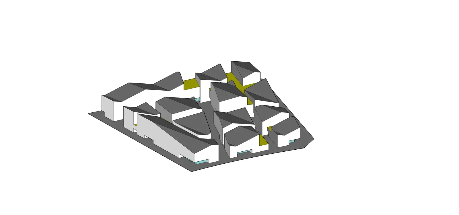 Massing diagram: smaller pitched-roof volumes with courtyards