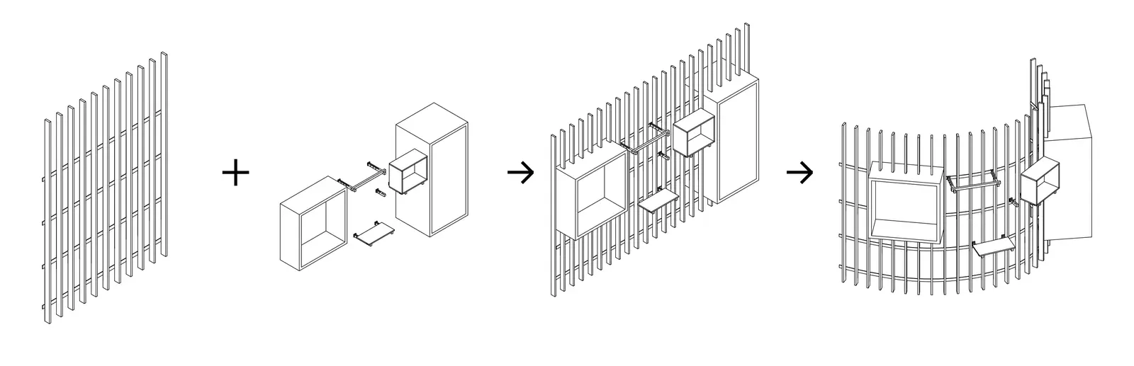 Diagram of the batten wall receiving display boxes, shelves and rails, then bending into a curve