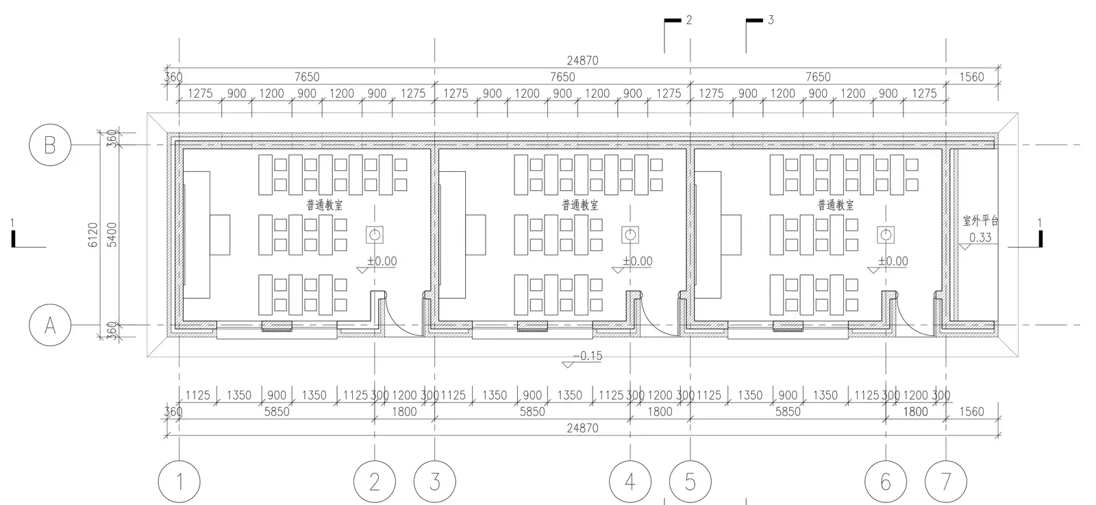Plan of teaching blocks 1 and 2 with three classrooms