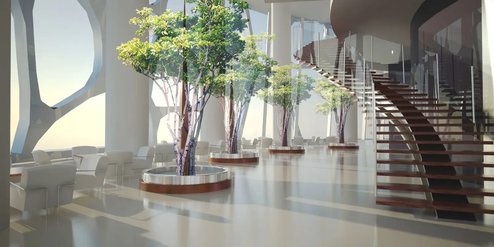 Hotel lobby with planted trees and a timber stair