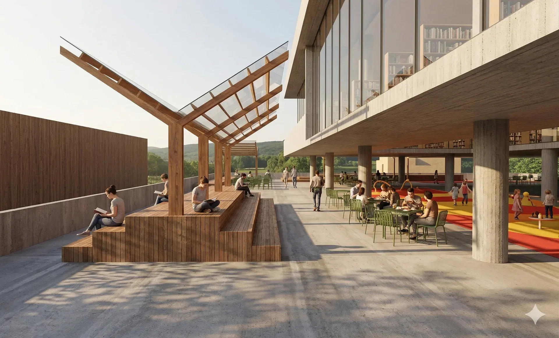 Y-shaped timber pergola over stepped seating