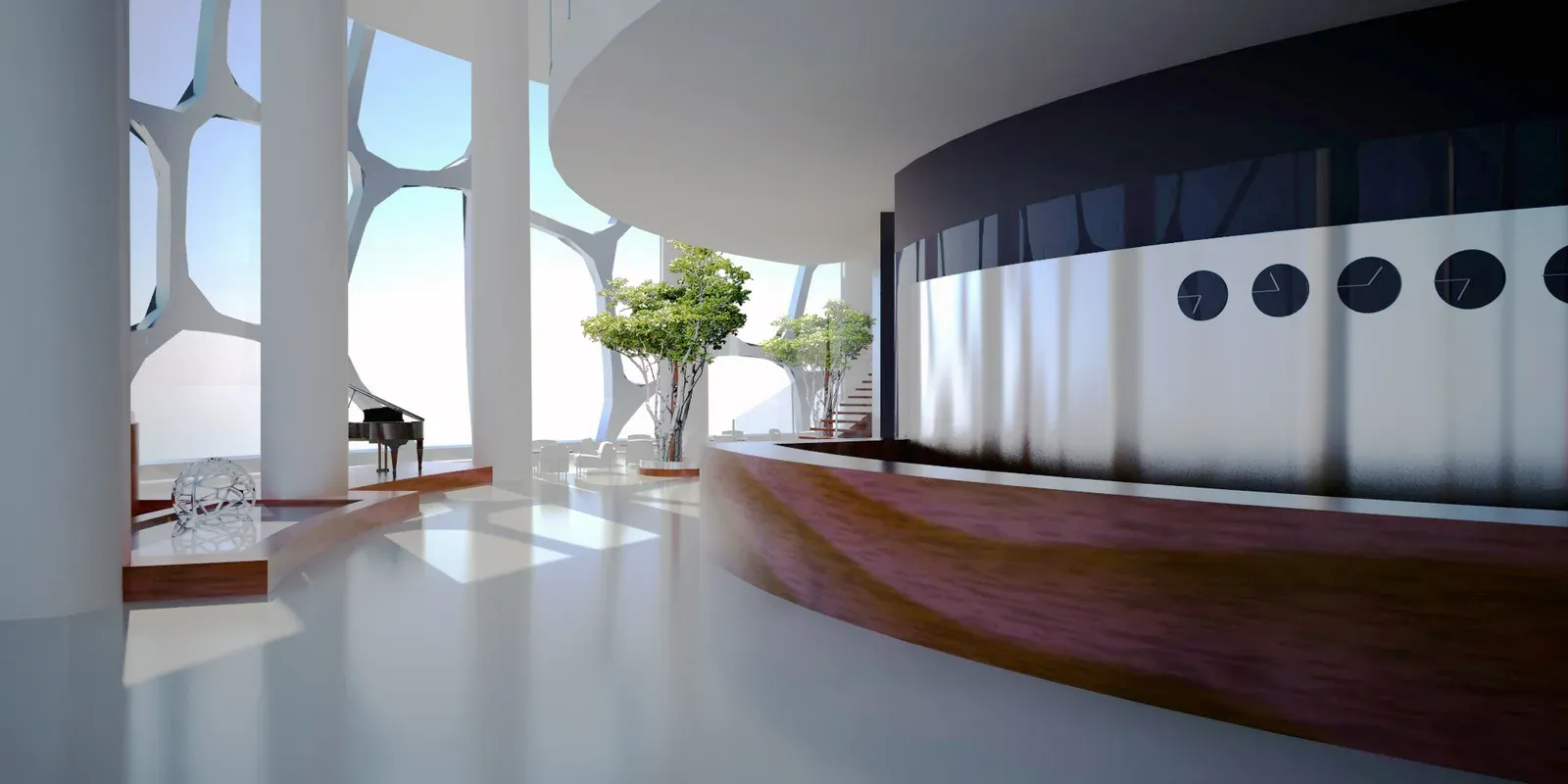 Lobby reception desk beneath the branching columns