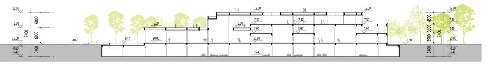 Long section through the terraces and the underground garage