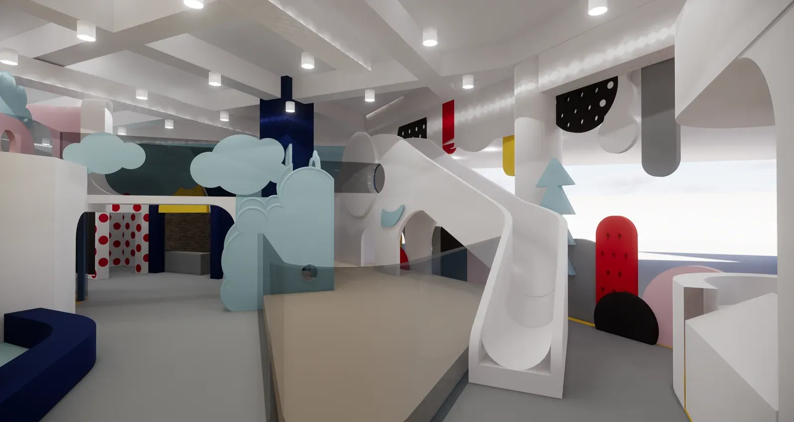 White slide and cloud-shaped screens in a quieter corner