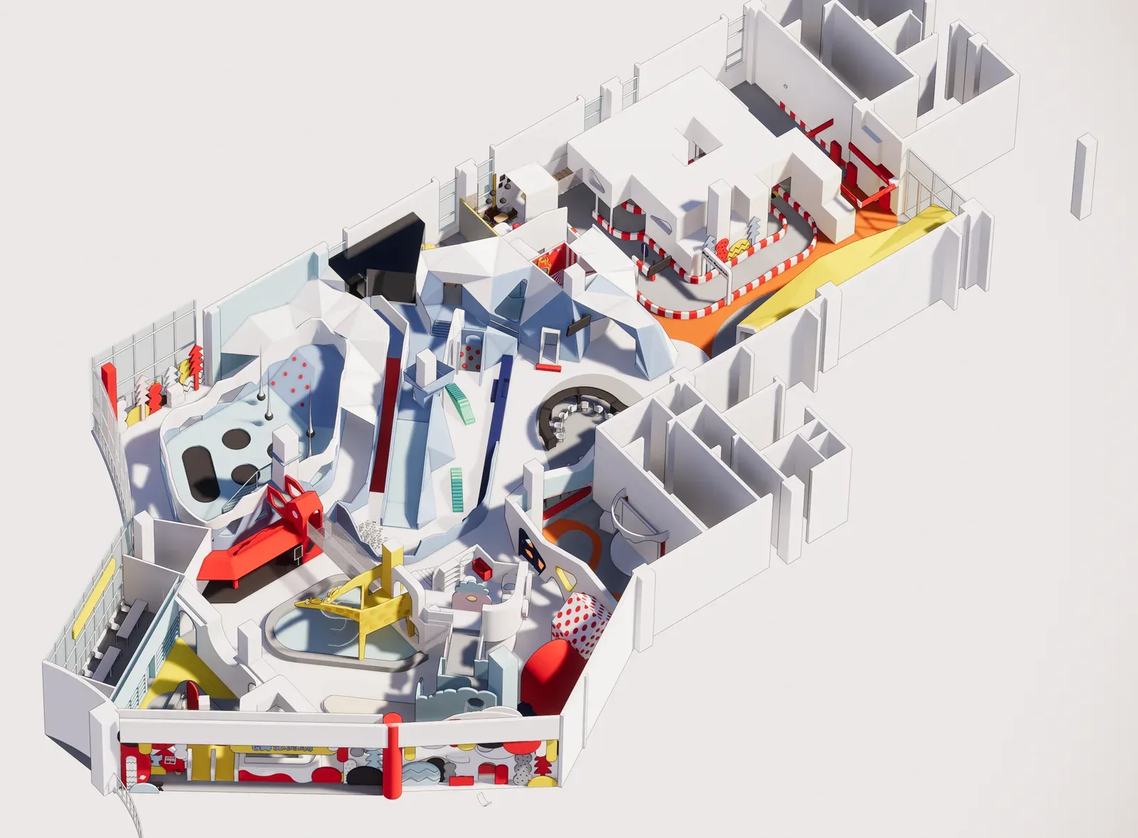 Axonometric of the playground seen from the entrance side
