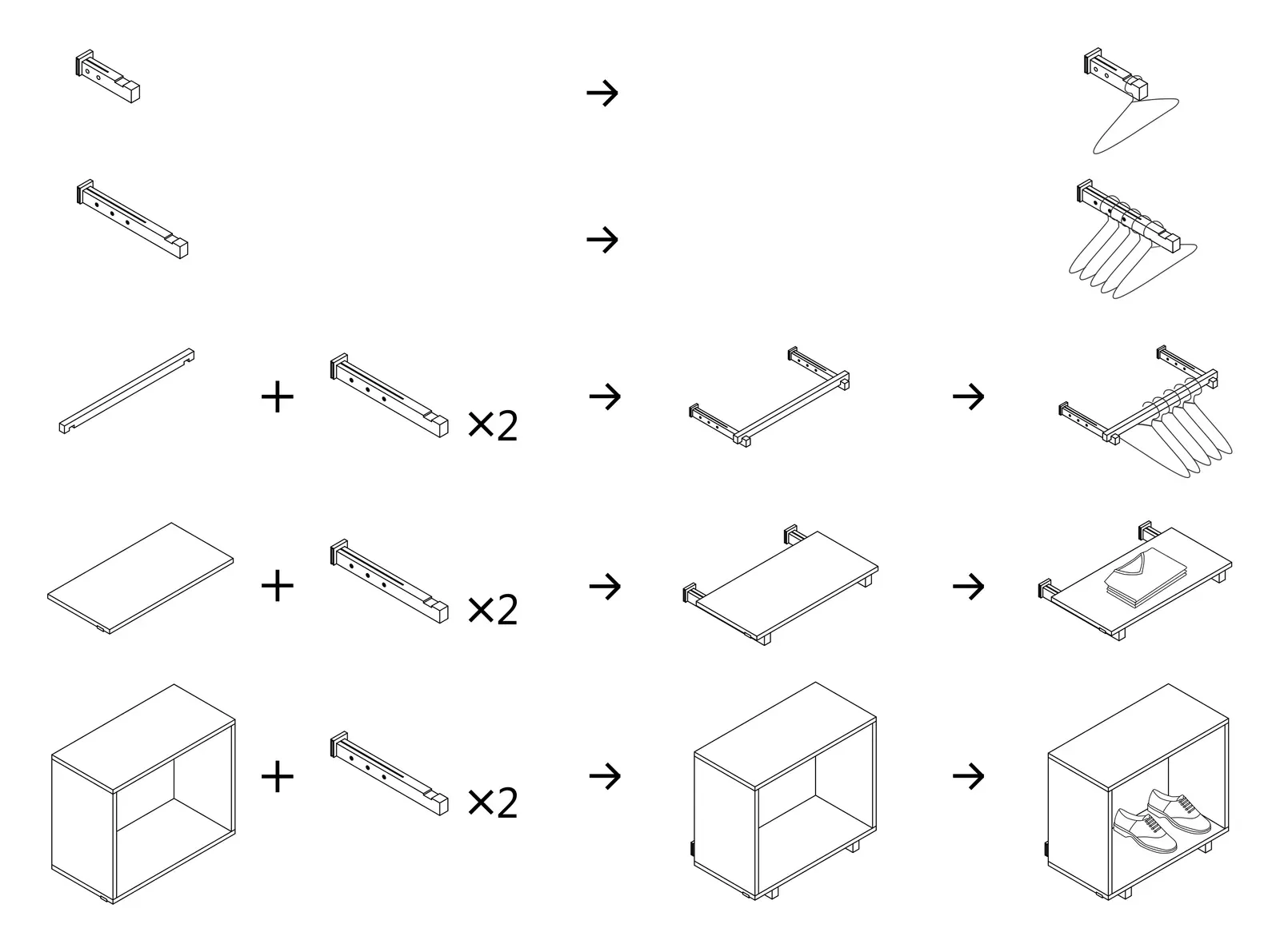 Assembly diagram of the bracket, rail, shelf and box fixtures