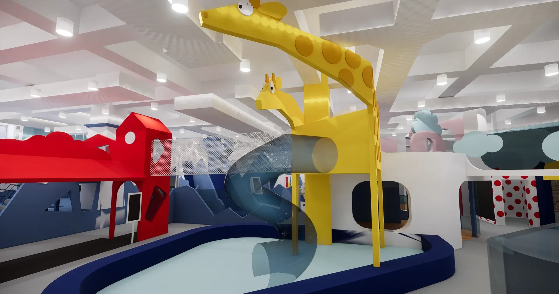 Rendering of a yellow giraffe slide beside a red play house and a blue faceted hill