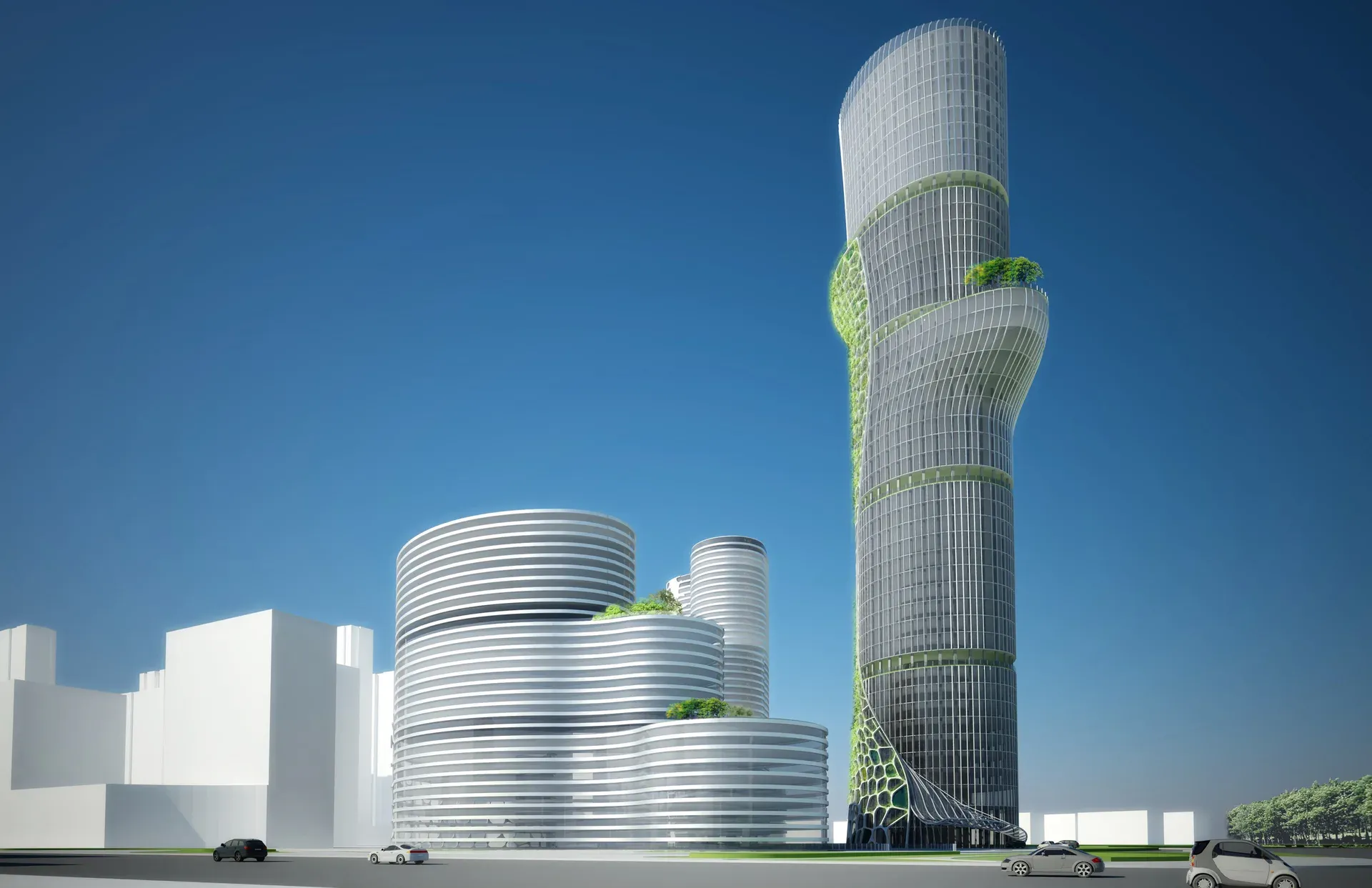Rendering of the hotel tower with green facade bands beside curved low-rise buildings