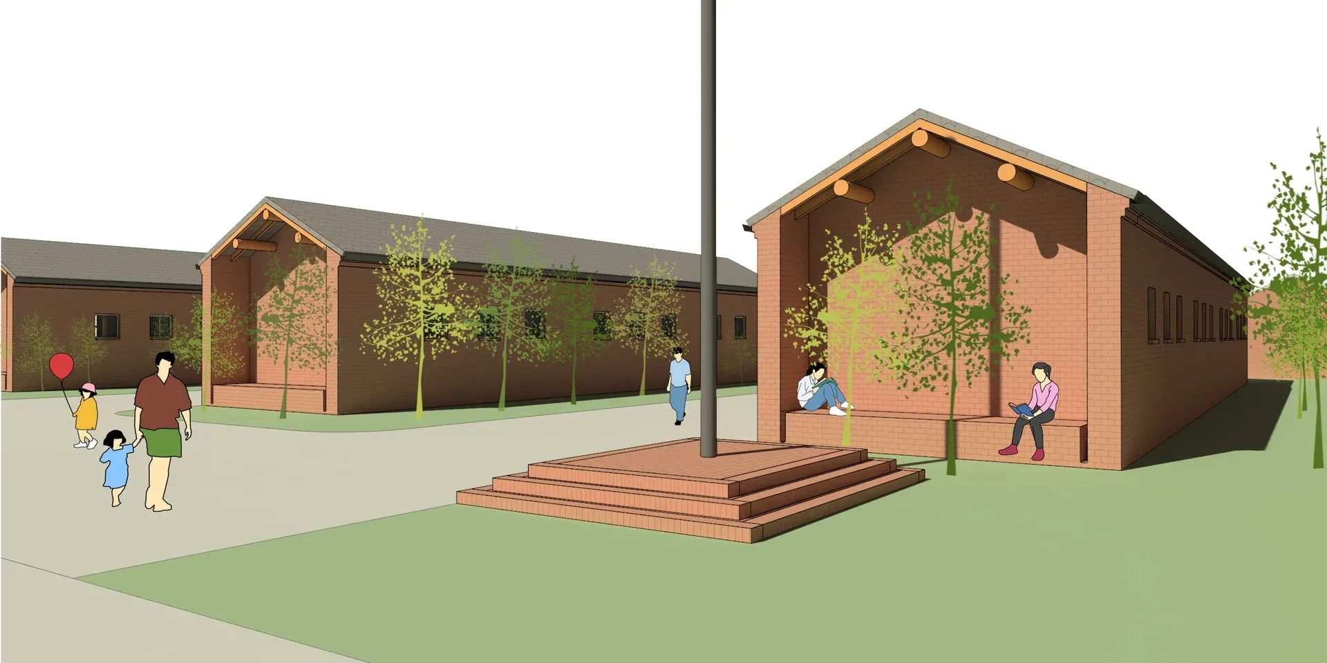 Rendering of gabled brick school buildings around a courtyard with a flagpole
